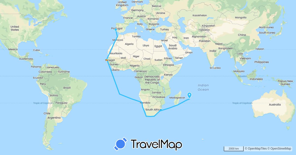 TravelMap itinerary: driving, boat, hitchhiking in France, Gambia, Morocco, Madagascar, Mauritius, Namibia, Portugal, Saint Helena, Senegal, South Africa (Africa, Europe)